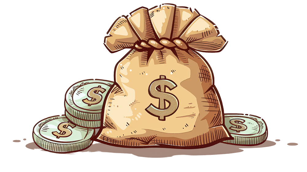 Dessin d'un sac de billets et de quelques pièces de monnaie.