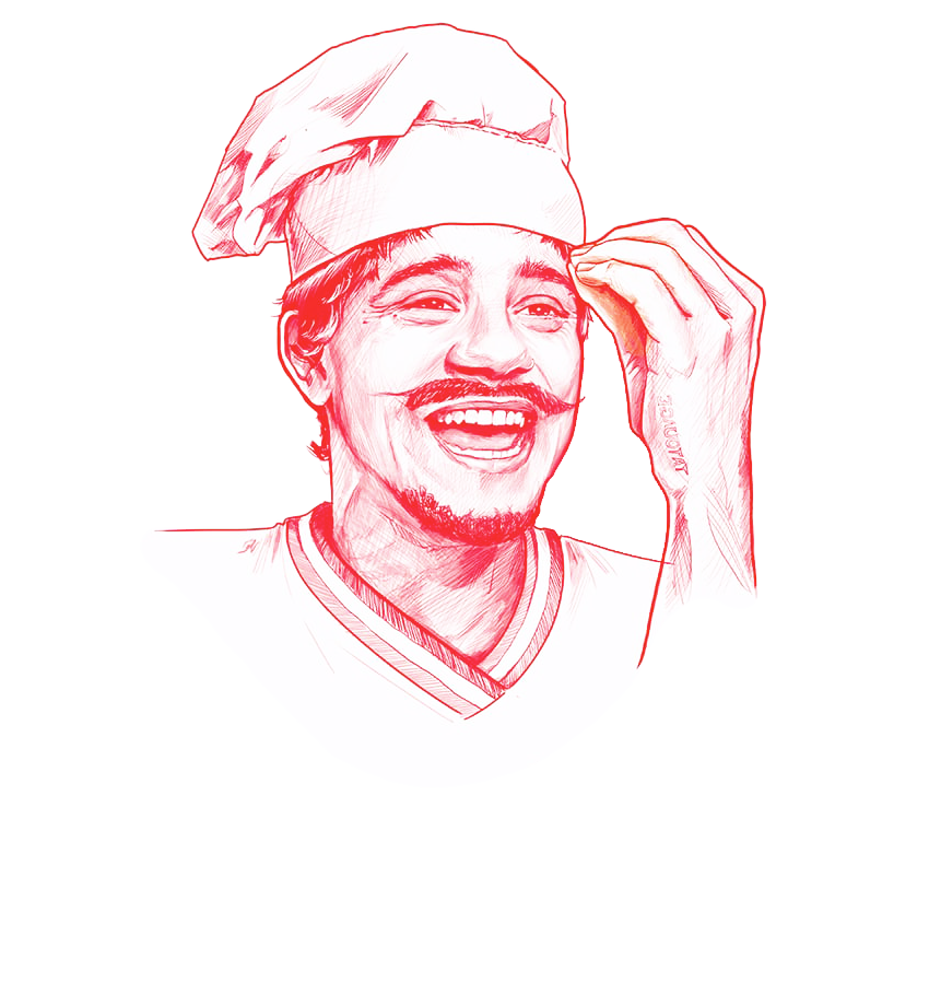 Dessin de Mister V déguisé en chef italien, que l'on retrouve sur toutes ses boîtes de pizzas.